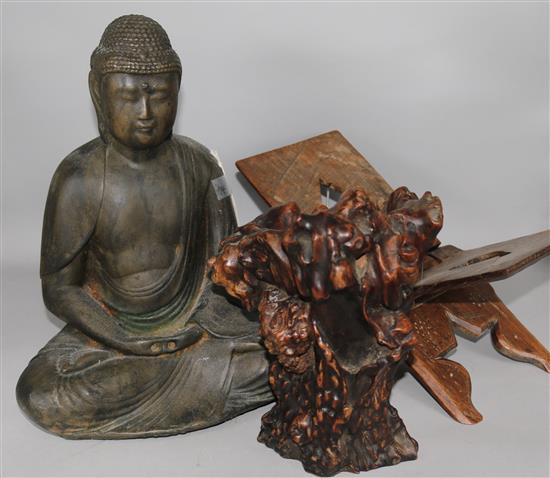 A Chinese rootwood vase, a carved Buddha and a Koran stand (3)